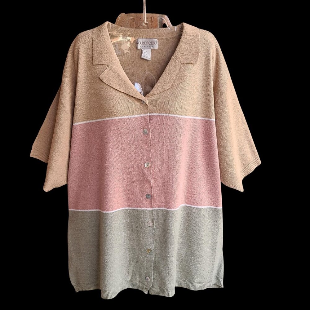 Brownstone Studio women plus size 2X short sleeve knit top 100% silk tan pink